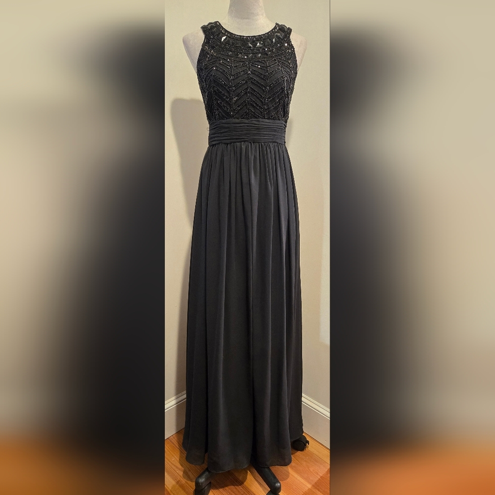 JS Collections black formal long gown beaded upper full column skirt sz 4